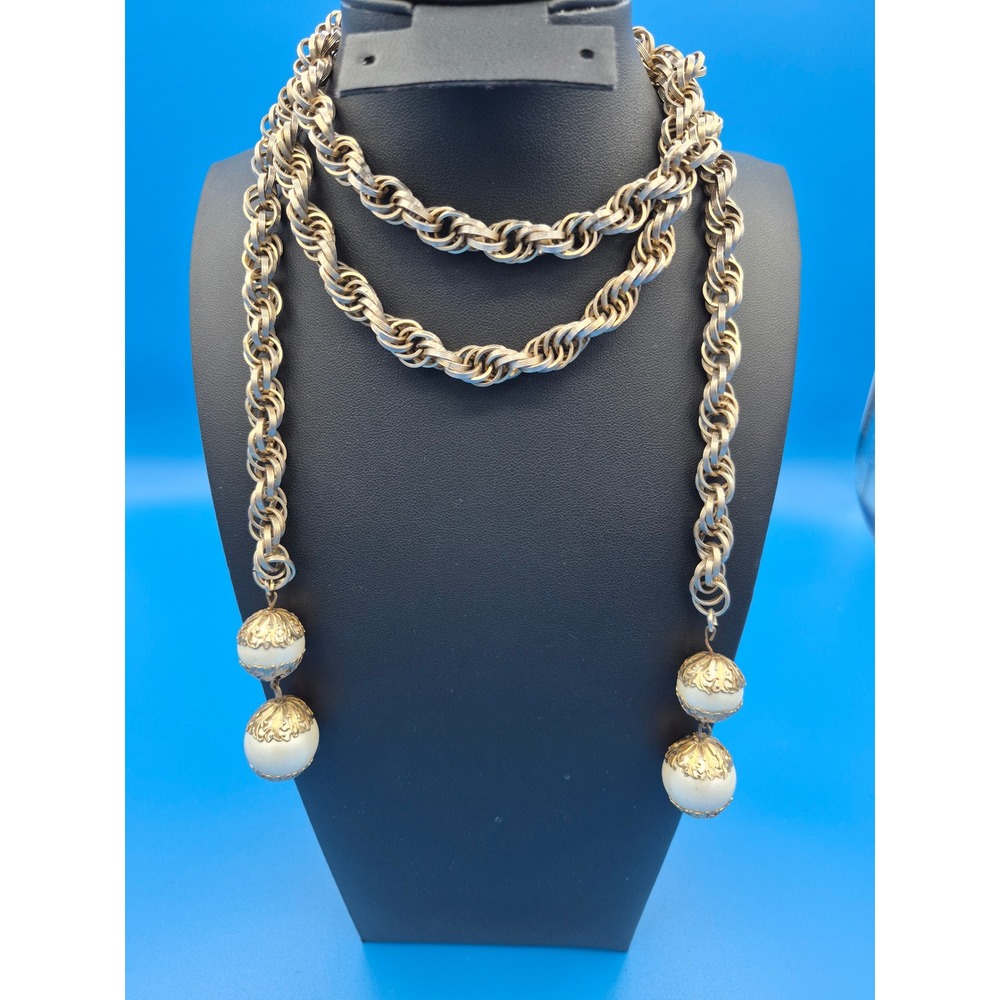 Vintage Necklace Lariat Rope Chain Faux Pearl Filigree Bead Long Gold Tone Stat